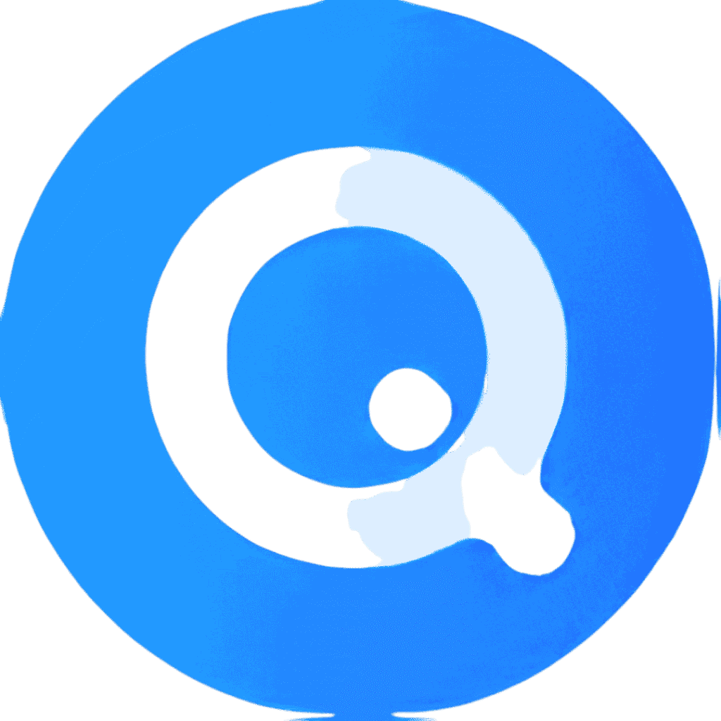 Blue gradient circular logo with white magnifying glass icon, search/query symbol
