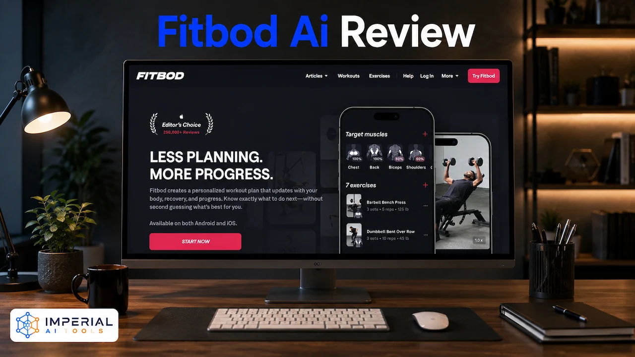 Fitbod AI Review thumbnail showing the Fitbod workout app displayed on a large desktop monitor with a modern office setup and Imperial AI Tools branding.