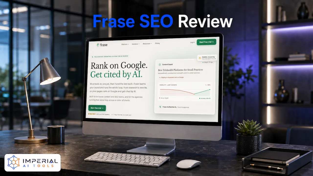 Frase SEO review showing the Frase AI content and search visibility platform on a desktop monitor