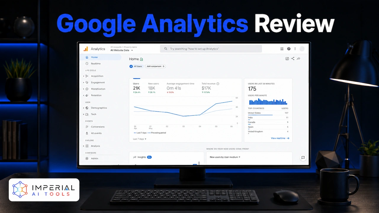 Google Analytics Review showing the analytics dashboard on a desktop monitor in a dark office
