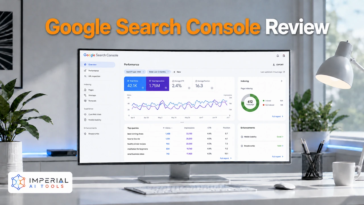 Google Search Console Review featuring a website performance and indexing dashboard on a desktop monitor