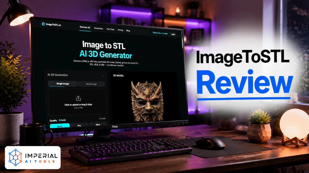 ImageToSTL Review showing AI-powered image to 3D model conversion tool on a desktop monitor