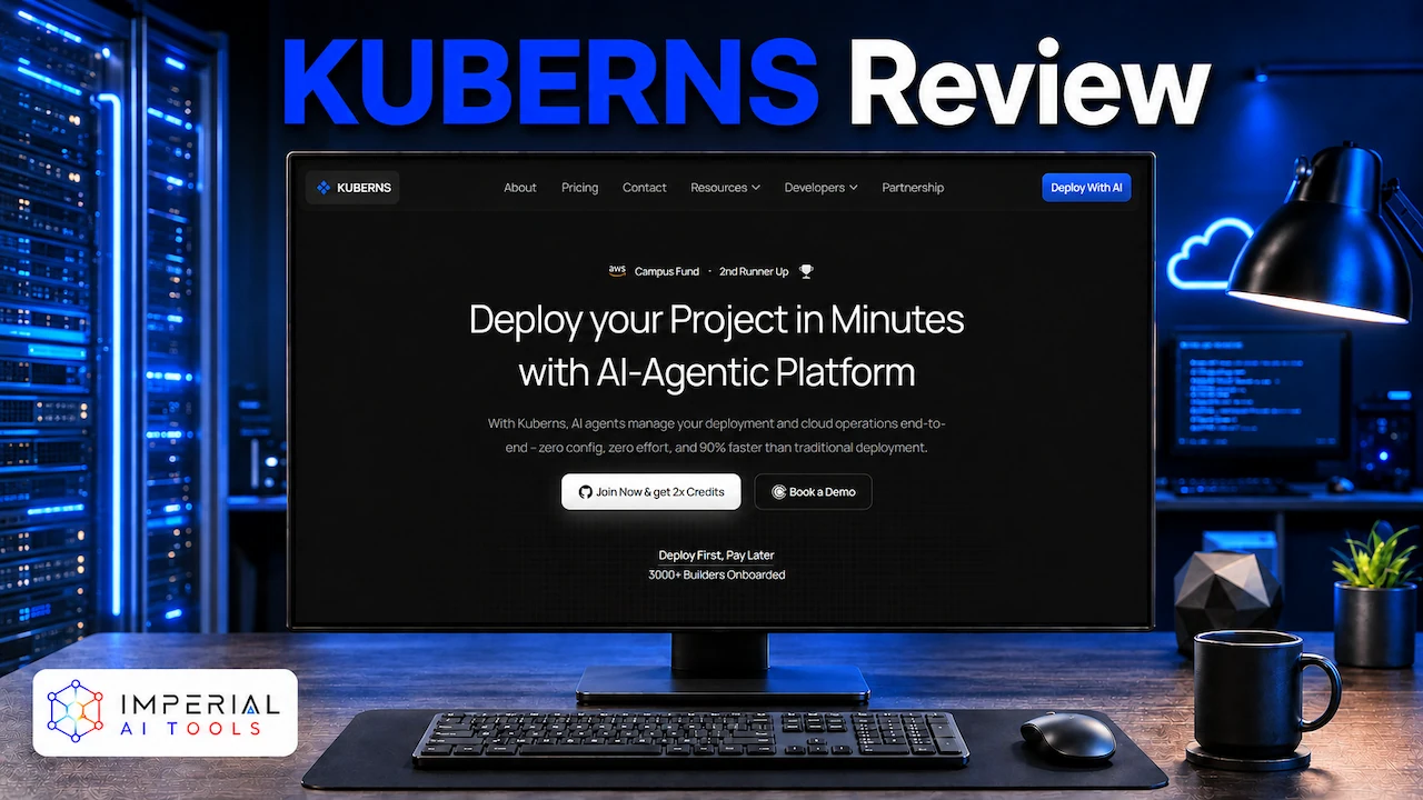 Kuberns Review showing the AI-powered cloud deployment platform on a desktop monitor in a modern server room.