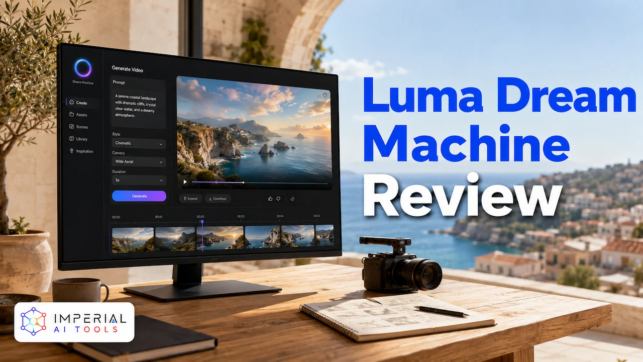 Luma Dream Machine Review showing an AI video-generation interface on a monitor in a bright coastal workspace.