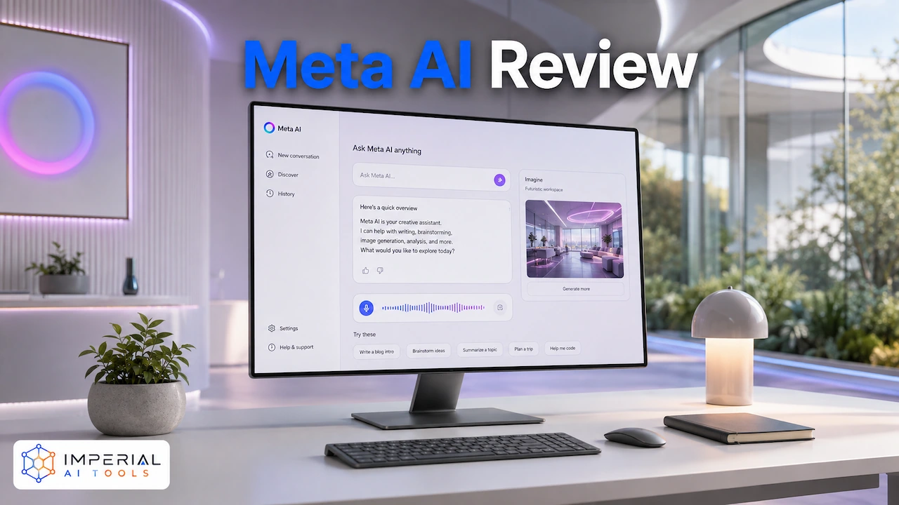 Meta AI review showing its chatbot, voice assistant and AI image-generation features on a desktop monitor