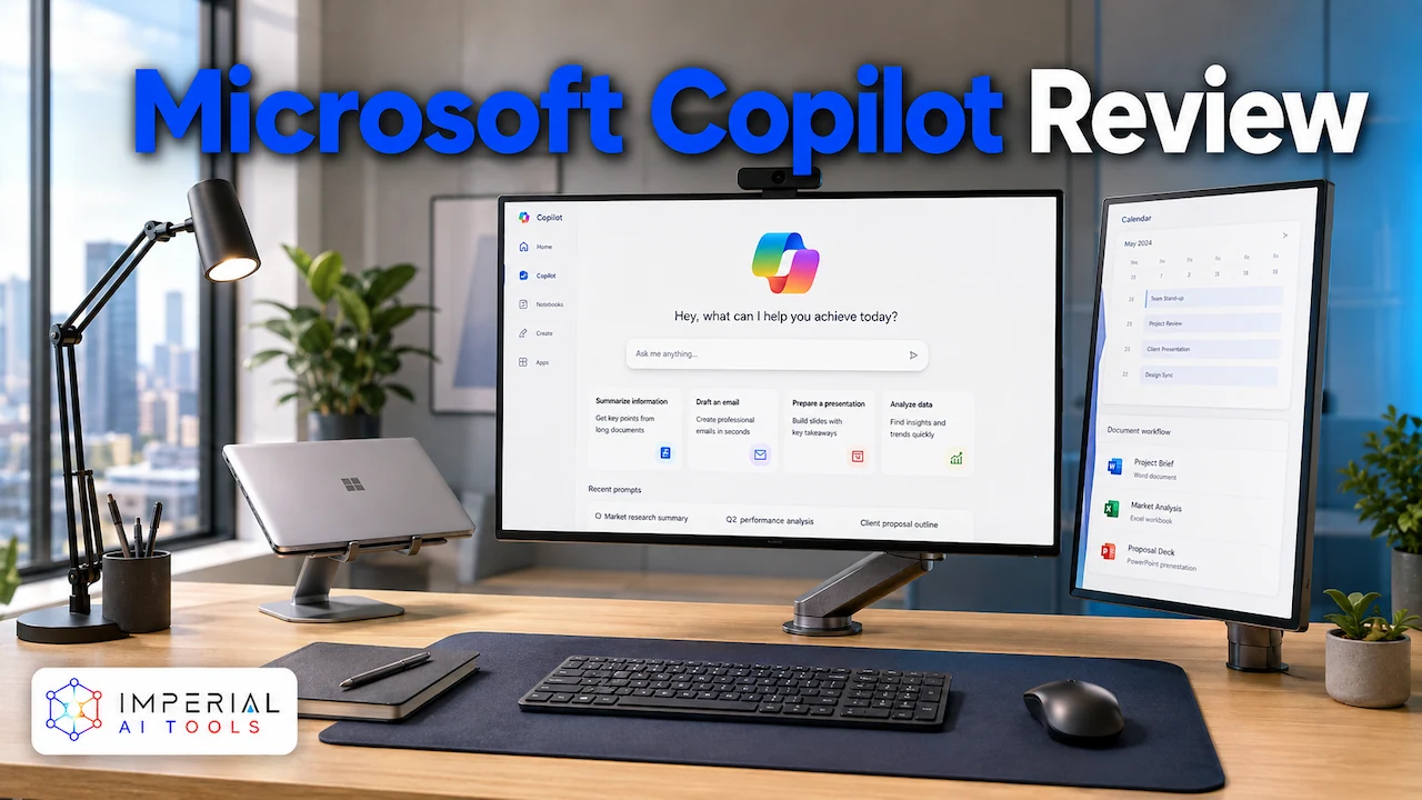 Microsoft Copilot Review showing the AI assistant interface on a dual-monitor office workstation with productivity tools.
