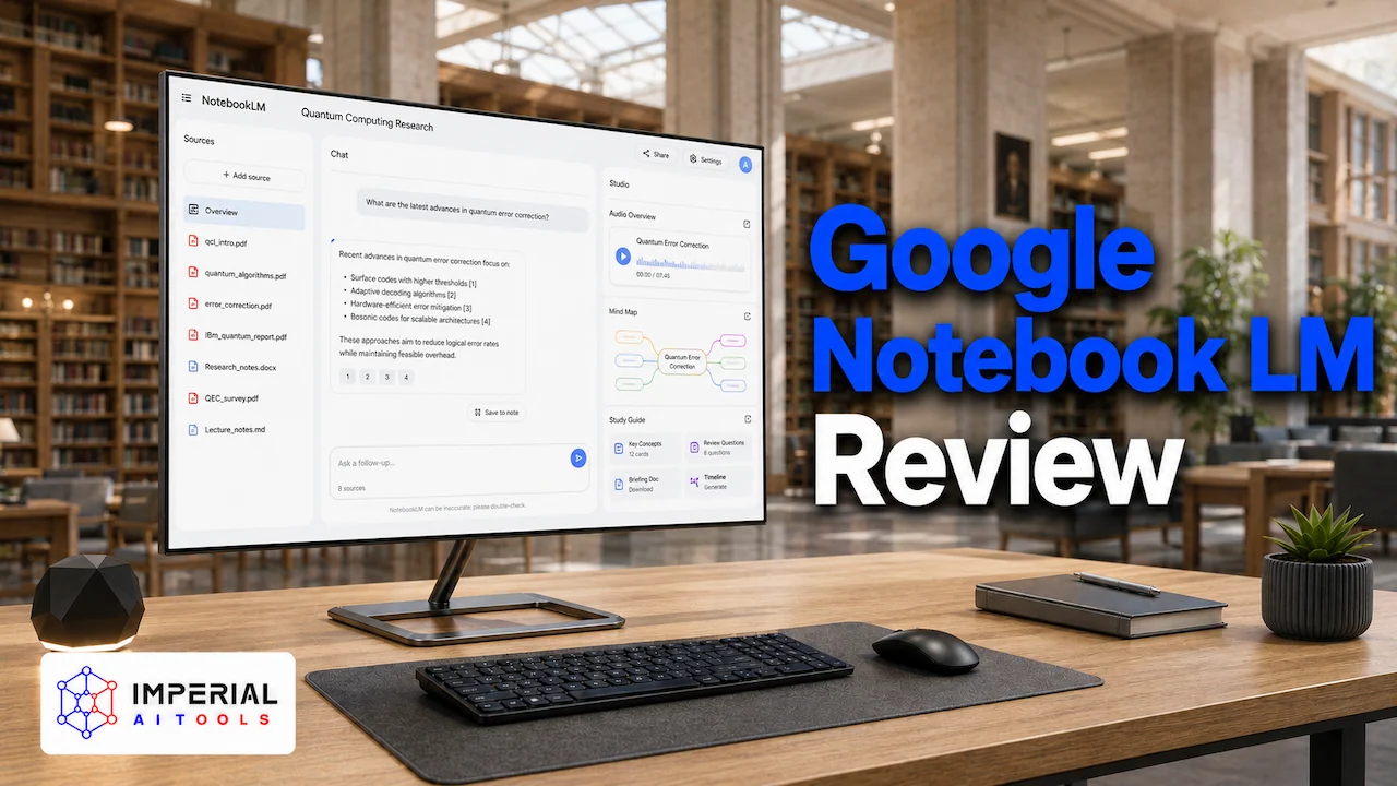Google NotebookLM review showing its AI research workspace with sources, cited answers, audio overview and mind map tools