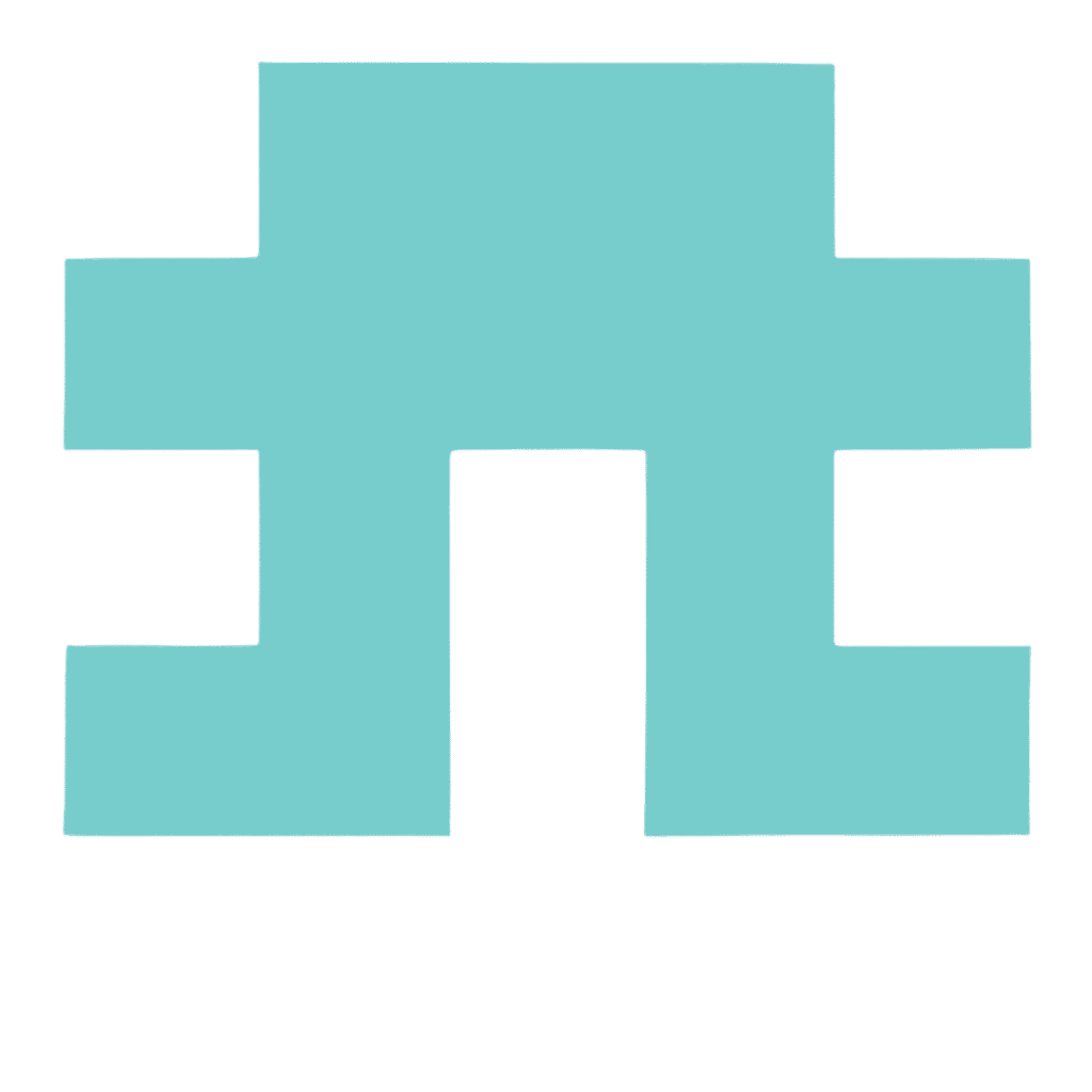 Teal/turquoise abstract logo icon with two arch shapes on black background