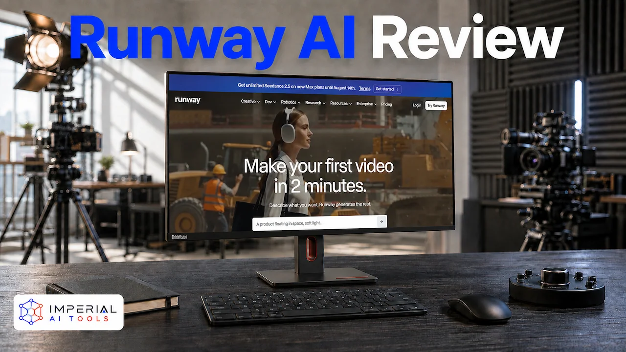 Runway AI Review featured image showing the Runway AI video-generation website on a monitor in a professional filmmaking studio.