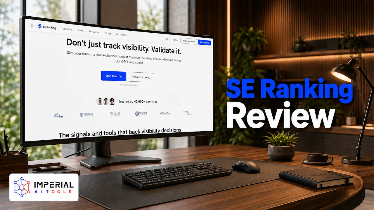 SE Ranking review featuring its SEO platform displayed on a desktop monitor in a professional workspace.