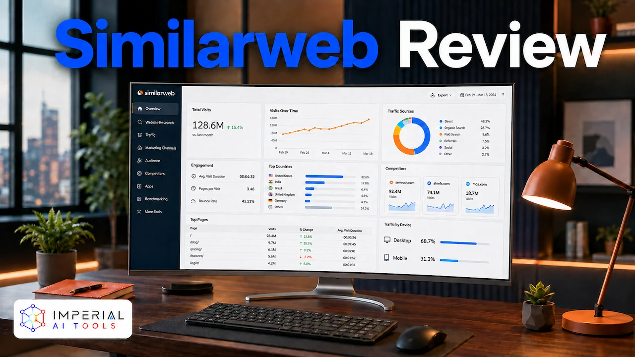 Similarweb Review showing a website traffic analytics dashboard with visitor trends, traffic sources, engagement, countries, and competitor data.