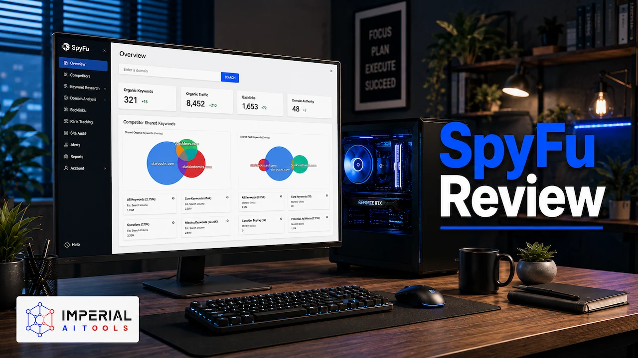 SpyFu dashboard displayed on a modern desktop setup showing keyword research, competitor analysis, SEO metrics, and the text “SpyFu Review.”