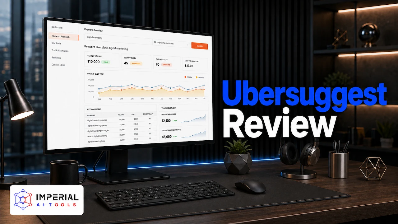 Ubersuggest review featured image showing an SEO keyword research dashboard on a desktop monitor
