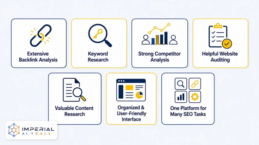 Ahrefs advantages including backlink analysis, keyword research, competitor analysis, website auditing and content research