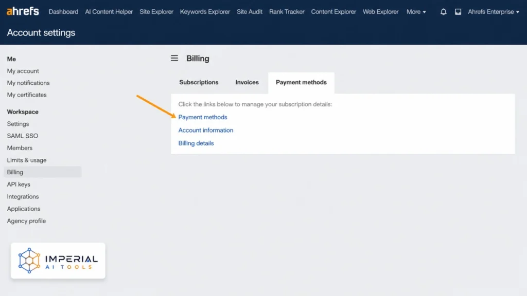 Ahrefs account settings showing billing and payment methods options