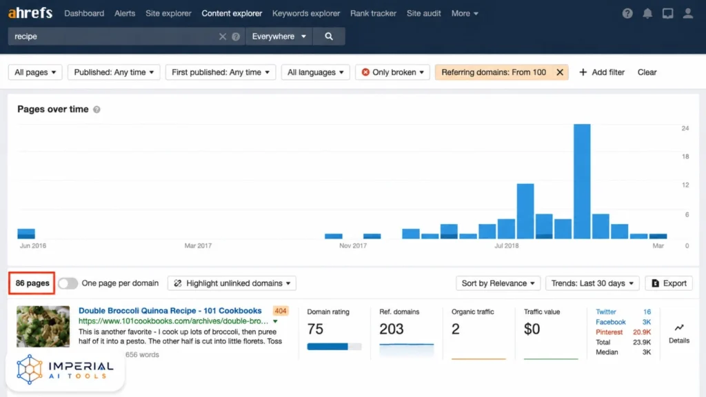 Ahrefs Content Explorer showing broken pages with referring domains for link building opportunities