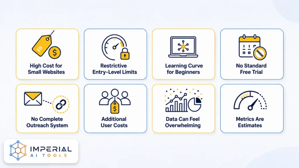 Ahrefs disadvantages including high cost, entry-level limits, learning curve, no free trial and additional user costs