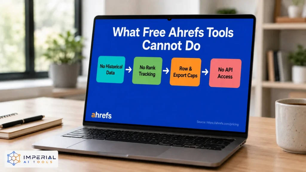 Laptop showing the limitations of Ahrefs free tools, including no historical data, rank tracking, bulk exports or API access.
