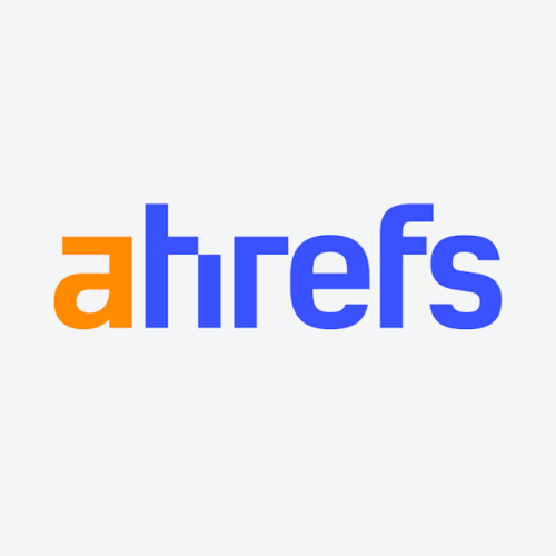 Ahrefs logo featuring an orange letter A and blue Ahrefs wordmark