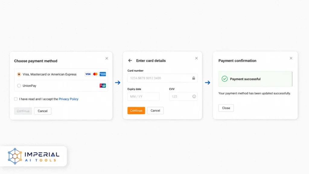 Ahrefs payment method update process showing card details and successful payment confirmation