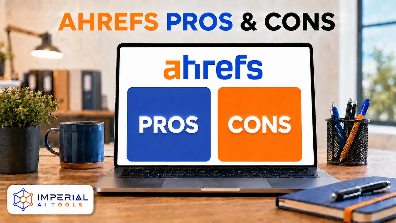 Laptop displaying Ahrefs pros and cons for an SEO tool review
