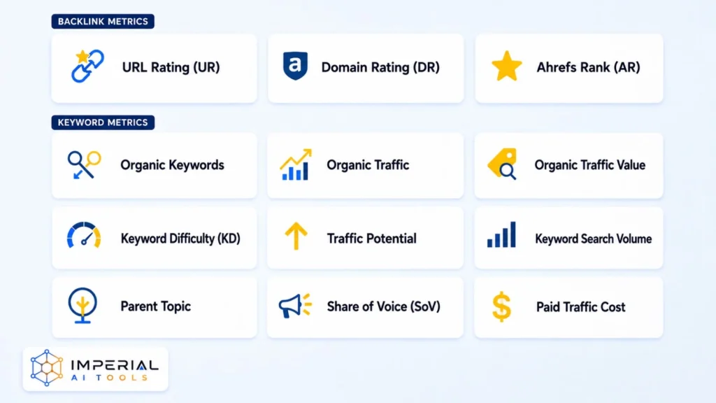 Ahrefs SEO metrics including Domain Rating, URL Rating, organic traffic, keyword difficulty and search volume