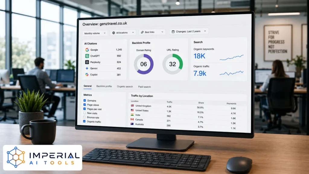SEO dashboard for genztravel.co.uk showing AI citations, backlink ratings, organic keywords, traffic and visitor locations.