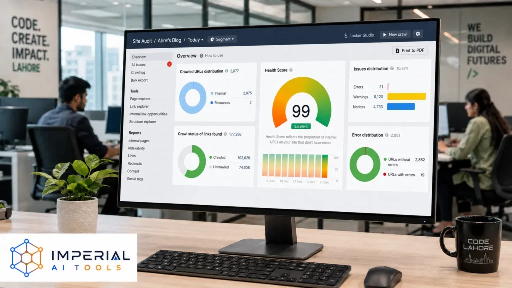 Desktop monitor displaying an Ahrefs Site Audit dashboard with a 99 website health score and technical SEO reports.
