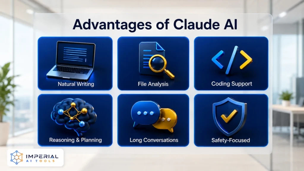 Advantages of Claude AI including natural writing, file analysis, coding support, reasoning, long conversations and safety features
