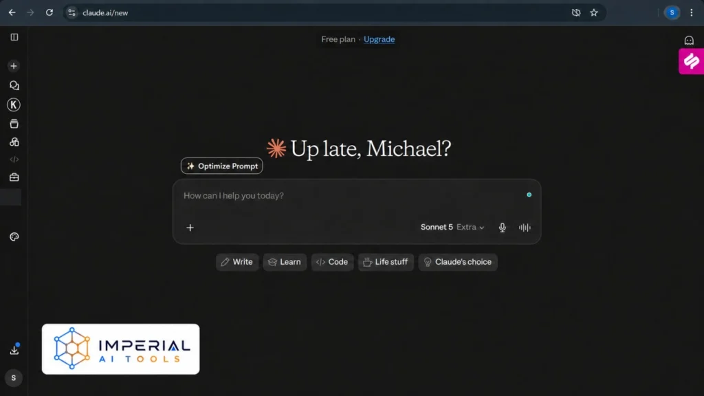 Claude AI chat interface showing Sonnet model selection, prompt box and task shortcuts
