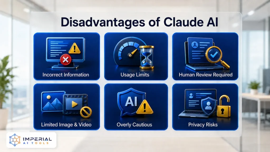 Disadvantages of Claude AI including incorrect information, usage limits, human review, limited media features and privacy risks