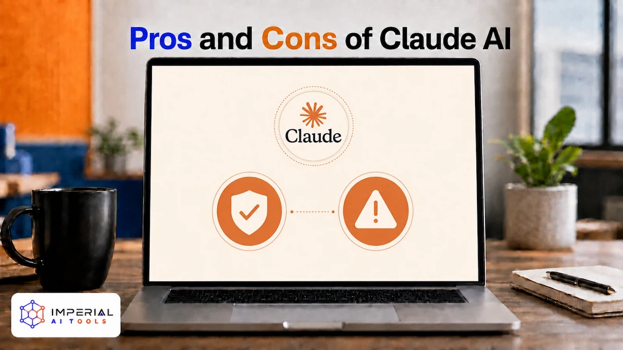 Claude AI pros and cons shown on a laptop with benefit and warning icons
