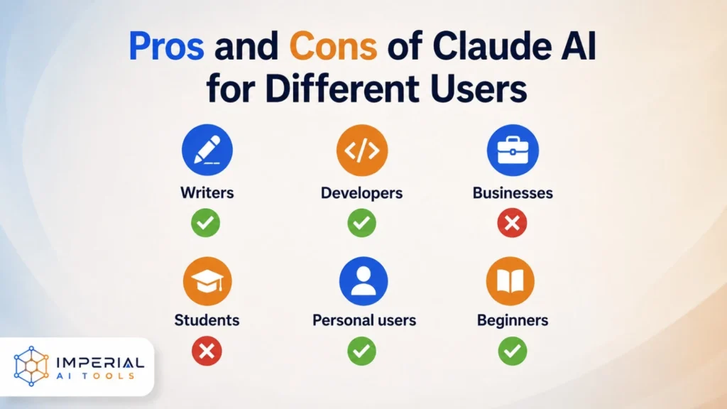 Claude AI pros and cons for writers, developers, businesses, students, beginners and personal users