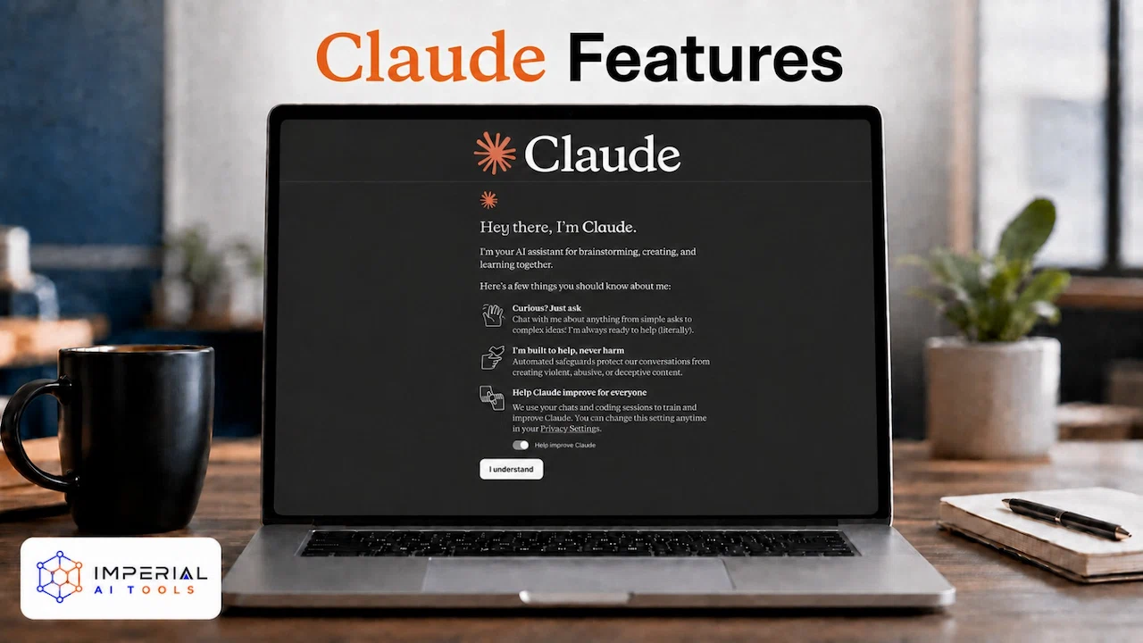 Laptop displaying Claude AI interface with Claude Features heading