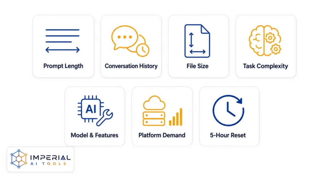 Factors affecting Claude free usage limits including prompt length, file size, task complexity and platform demand