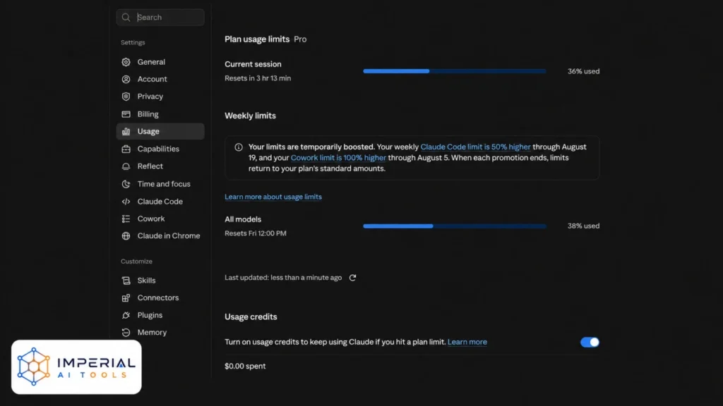 Claude Pro usage limits screen showing current session and weekly usage percentages