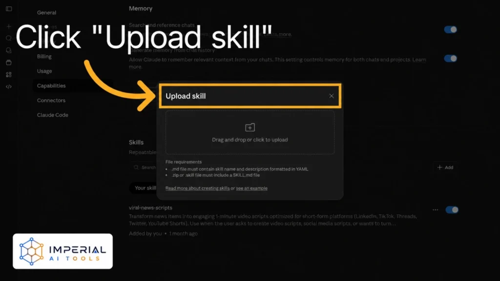 Claude Upload Skill window in settings for adding custom reusable skills