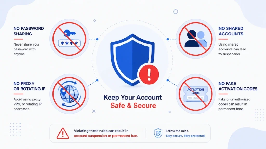 Imperial AI Tools account security guide showing rules against password sharing, shared accounts, proxy or rotating IPs, and fake activation codes