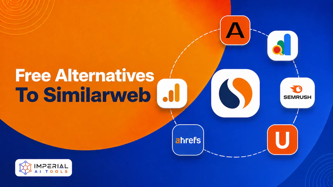 Banner showcasing free alternatives to similarweb with a custom analytics platform logo at the center, surrounded by Ahrefs, Semrush, Google Analytics, Microsoft Clarity, Ubersuggest, and other SEO and website analytics tools connected in a circular layout.