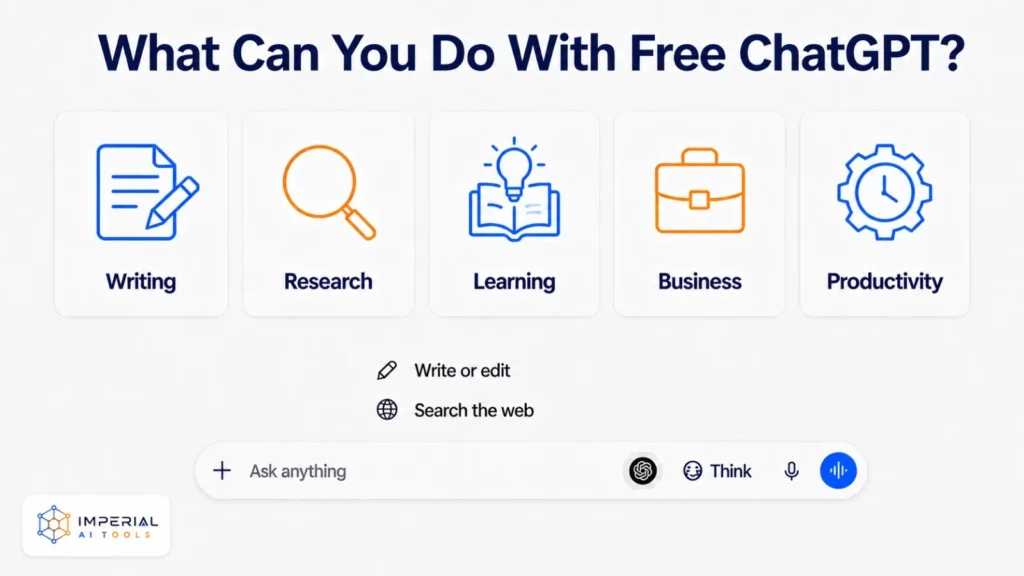 ChatGPT interface showing writing, research, learning, business, and productivity use cases