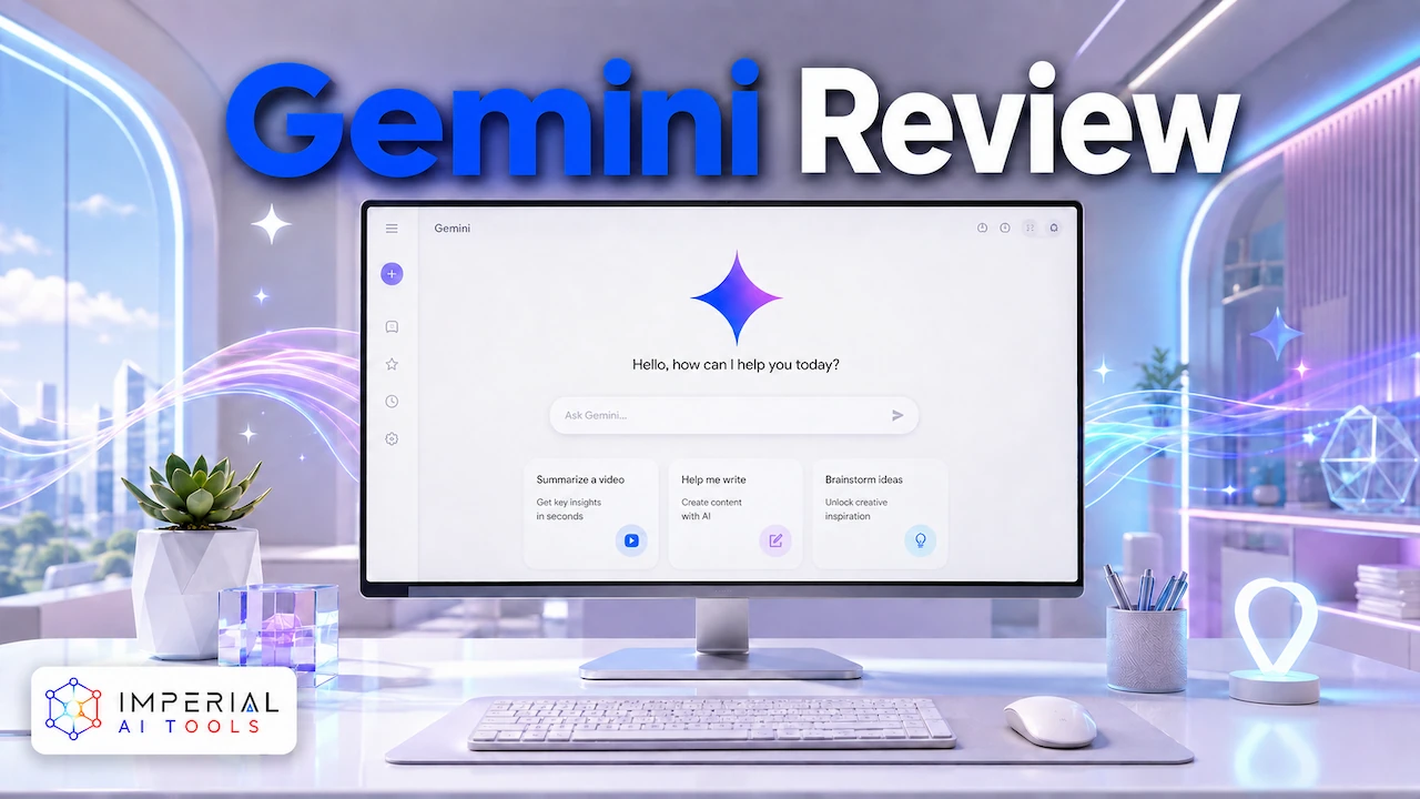 Gemini Review showing the Google AI assistant interface on a desktop monitor in a futuristic workspace.