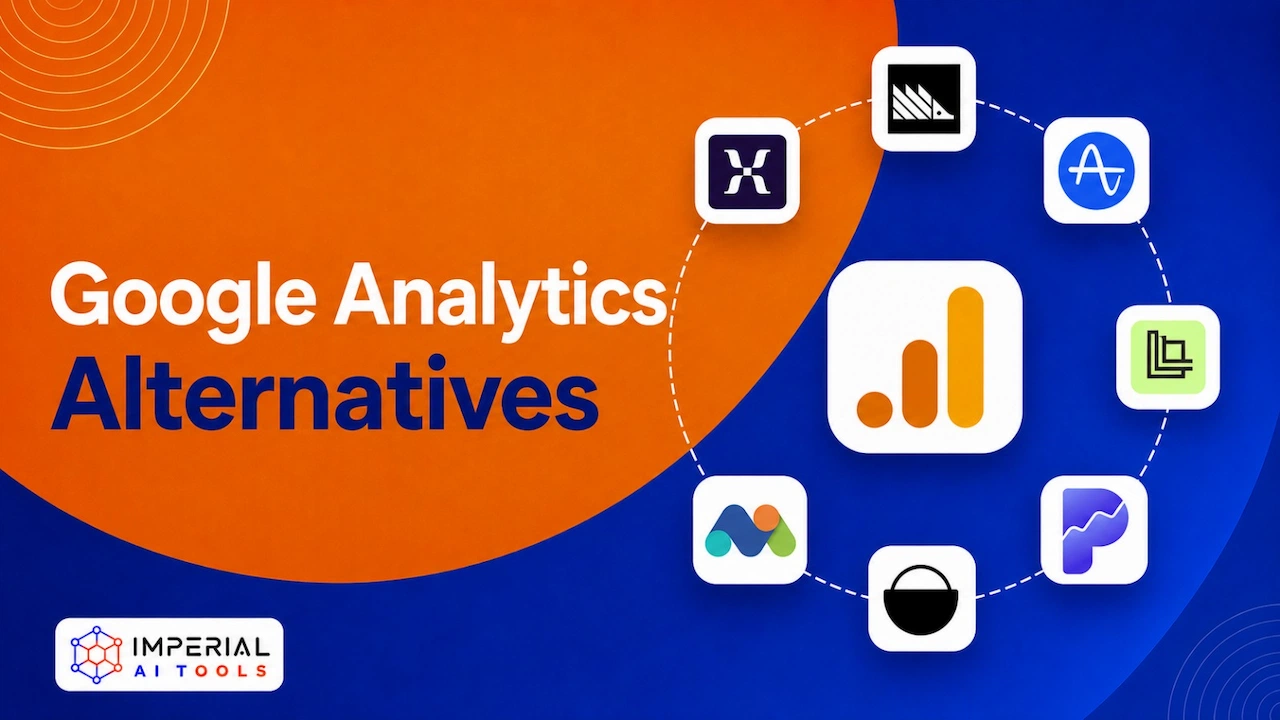 Google Analytics alternatives graphic featuring the Google Analytics logo surrounded by alternative web analytics tool icons