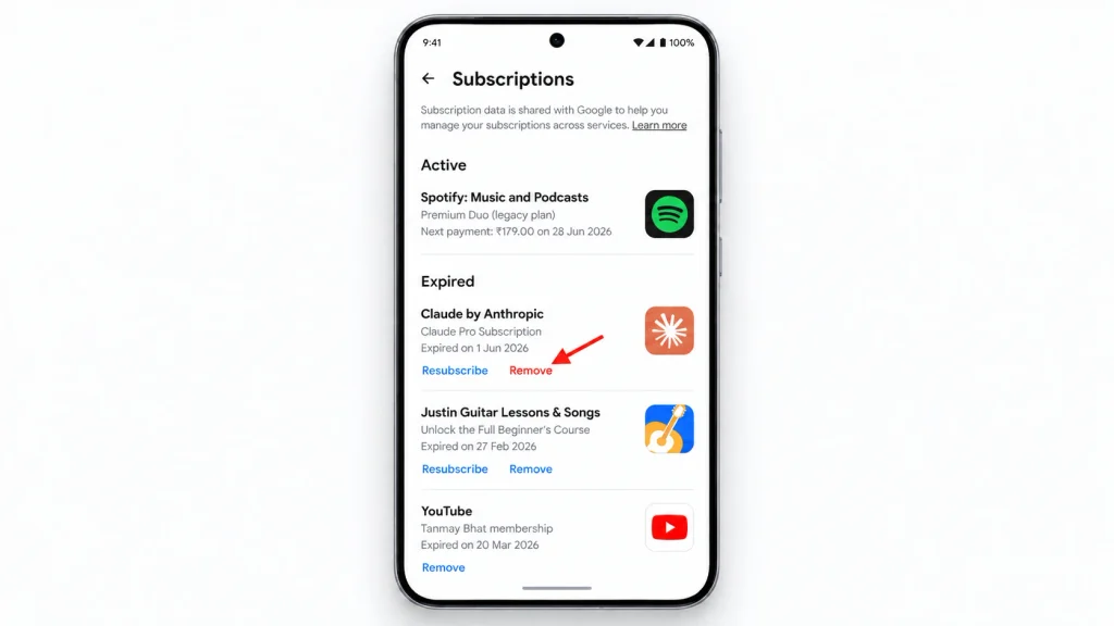 Google Play Subscriptions screen showing Claude Pro subscription expired with Resubscribe and Remove options