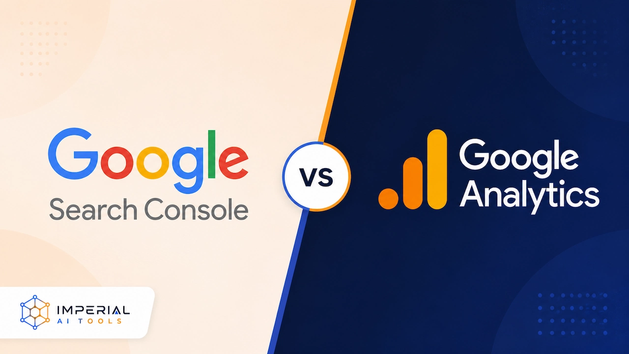 Google Search Console vs Google Analytics comparison graphic with both platform logos.