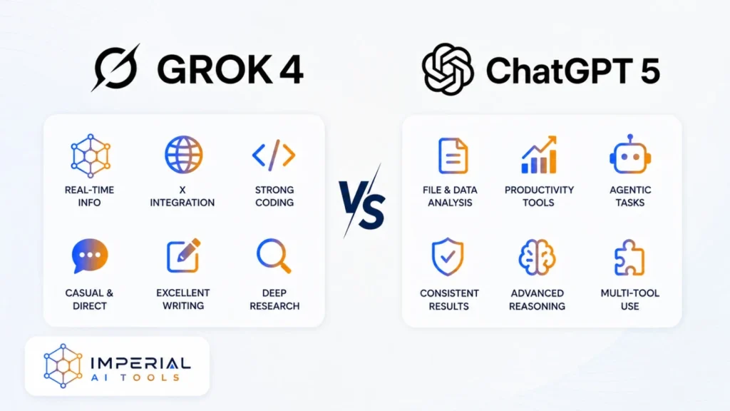 Grok 4 vs ChatGPT 5 comparison showing coding strengths, research features, and productivity tools