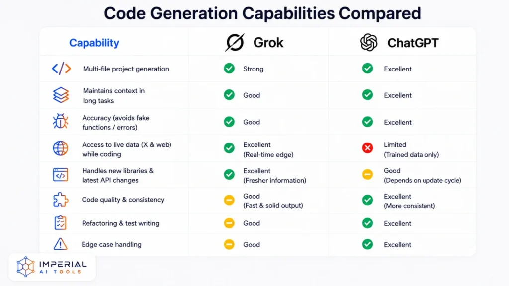 Grok vs ChatGPT code generation capabilities comparison showing project creation, context handling, and coding accuracy