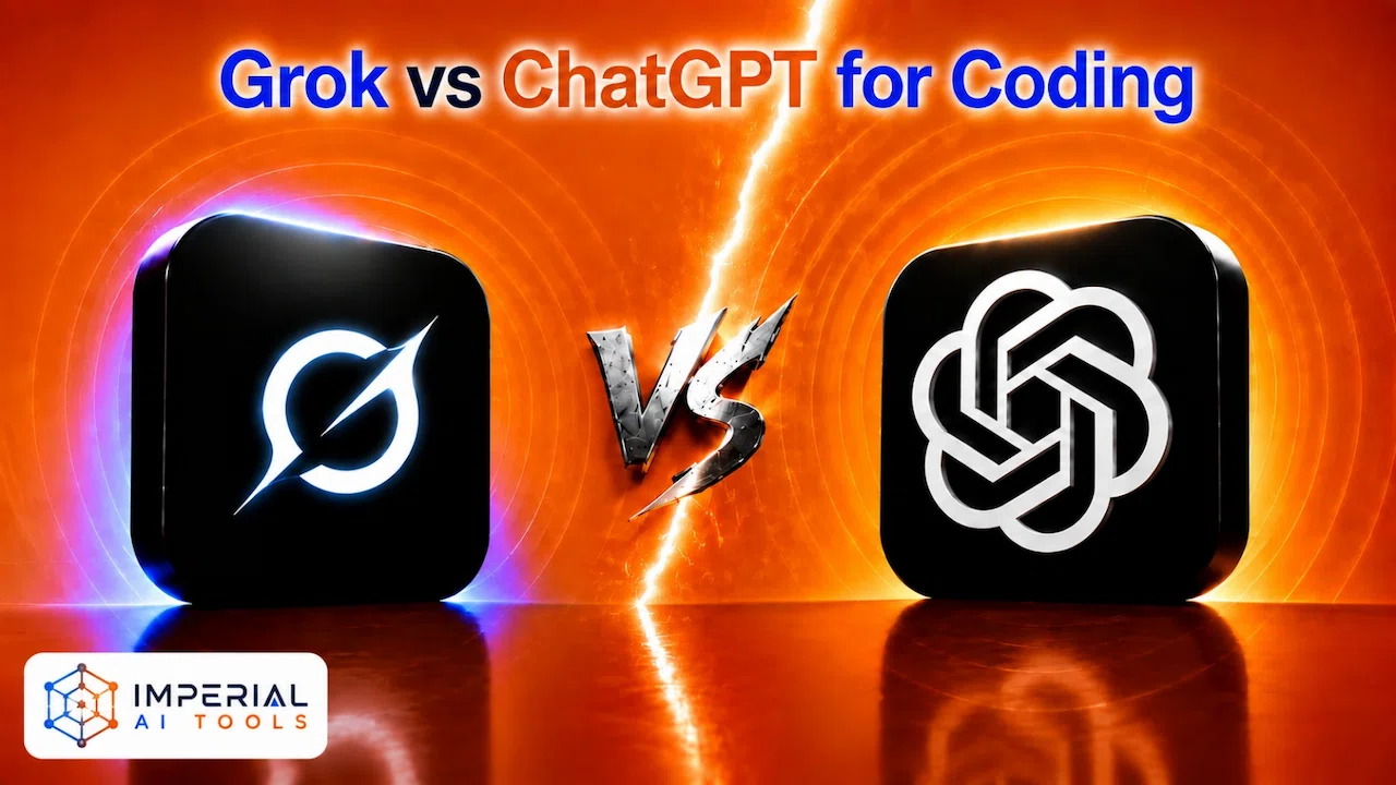 Grok vs ChatGPT for coding comparison with AI logos and technology background
