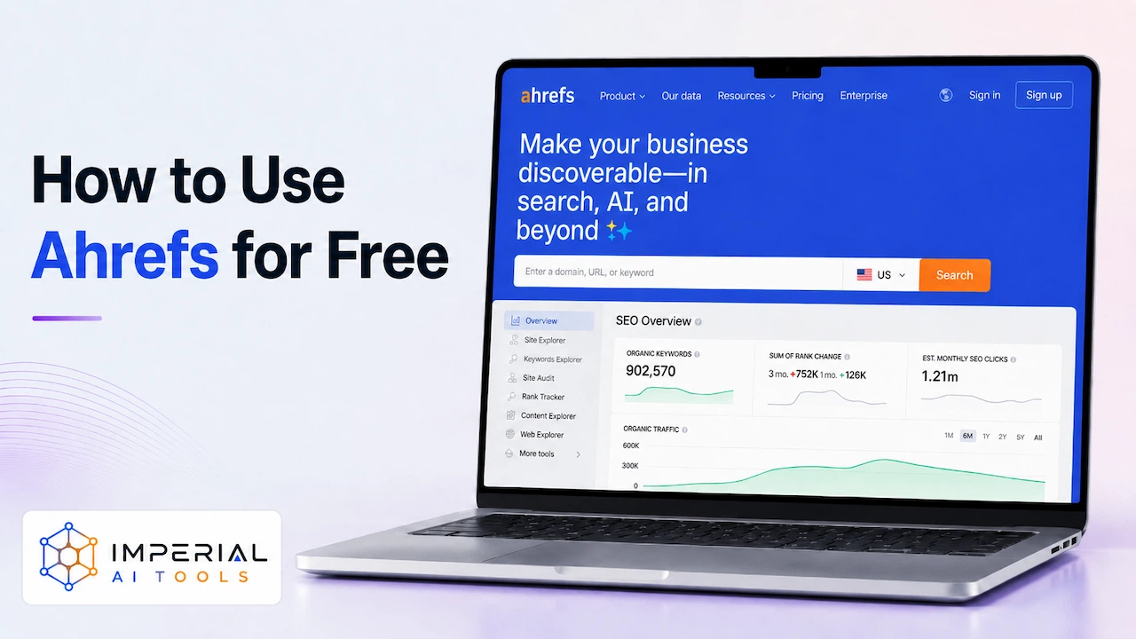 Laptop displaying an Ahrefs SEO overview beside the heading How to Use Ahrefs for Free.
