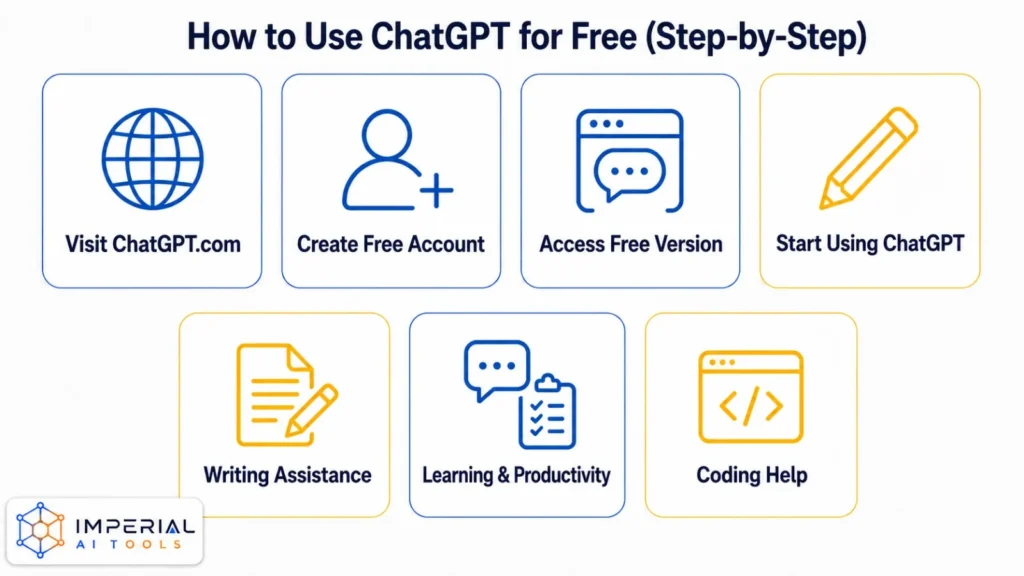 Step-by-step guide showing how to use ChatGPT for free including account creation and writing assistance