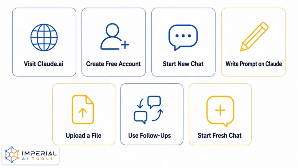 Steps showing how to use Claude for free by creating an account, starting a chat and entering a prompt